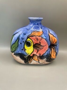 Hand-Painted Signed Mexican Talavera? Ceramic Fish Sea Life 5.5” T Vase
